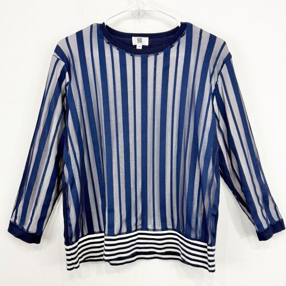 YAL NY Navy Blue White Mesh Overlay Striped Knit Nautical Pullover Top - Picture 1 of 16